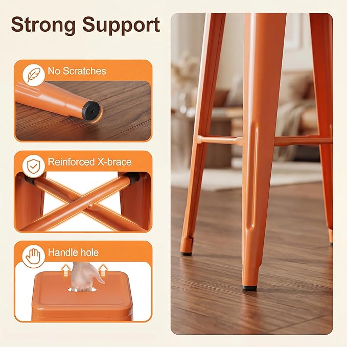 Shahoo 30 Inches Metal Bar Stools Counter Height Stackable Backless Stools, Industrial Patio Stools Indoor Outdoor Metal Kitchen Stools Set of 4 (Orange, 30'')