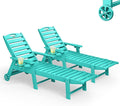 Lounge Chair Outdoor Set of 2, HDPE Chaise Lounge Outdoor with 6-Position & Wheels &Cup Holder, Pool Lounge Chair for Pool Poolside Deck Backyard Patio, Lake Blue