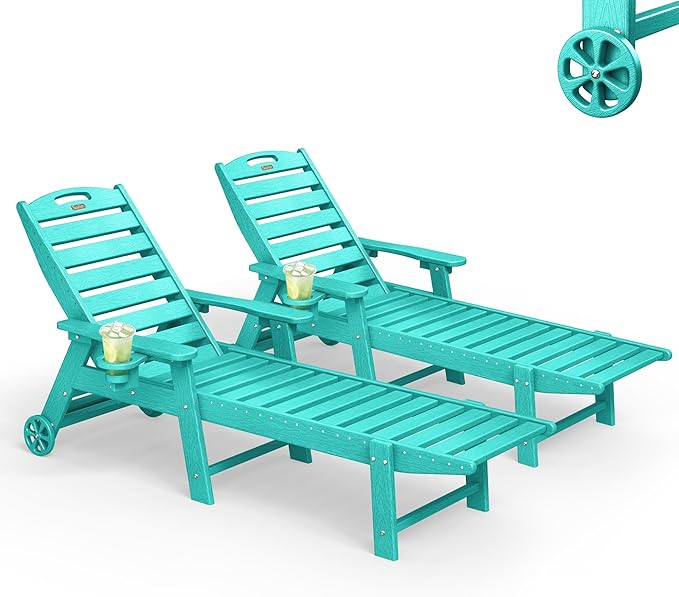 Lounge Chair Outdoor Set of 2, HDPE Chaise Lounge Outdoor with 6-Position & Wheels &Cup Holder, Pool Lounge Chair for Pool Poolside Deck Backyard Patio, Lake Blue