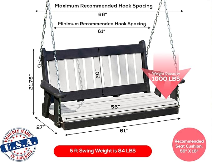 Mission Poly Lumber Wood 5FT Porch Swing Amish Craftsmandship Made in USA HDPE with No Wood fibers 1000 lbs Limit. Stainless Steel Hardware.Signature Design for Patio Outdoor Backyard Garden Park