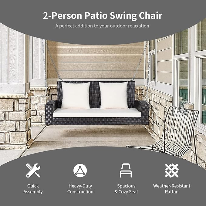 RELAX4LIFE 2-Seat Rattan Porch Swing, Wicker Outdoor Swings w/7.9 Ft Solid Metal Chain, Back & Seat Cushions for Garden Backyard, 800LBS Max Load, 2-Person Patio Swing, Beige & Black Cushion Covers