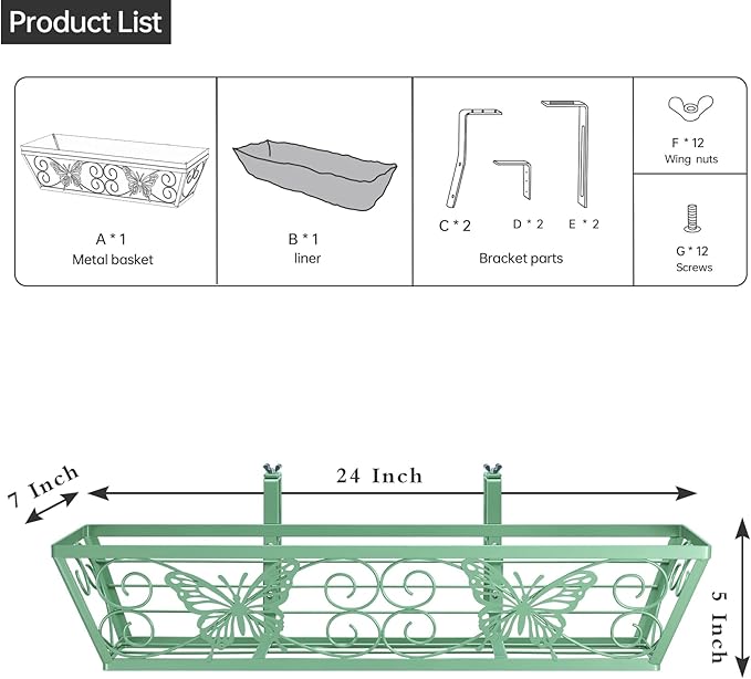 6 Pack 24 Inch Window Boxes Planters Railing Planter Box with Adjustable Brackets for Porch Fence Patio Balcony Hanging Flower Baskets with Woven Fabric for Outdoor Garden Decor - Green
