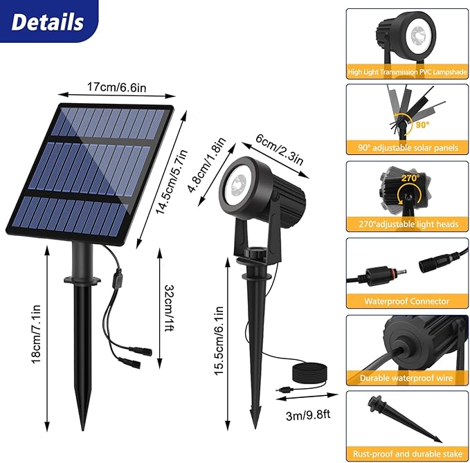 T-SUNUS Christmas Solar Garden Spotlight Outdoor 6-in-1 White Landscape Spot Lights IP65 Waterproof Separated Panel Dusk to Dawn 6000K Spotlights for Tree Yard Driveway Pathway Porch Walkway Halloween