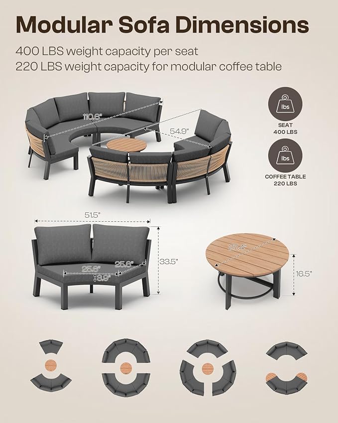 Outdoor Patio Sectional Modular Sofa, Aluminum 1 Piece Curved Patio Couch with Washable Cushions, All Weather PE Rope Sofa for Backyard,Porch, Deck, Poolsid, Graphite