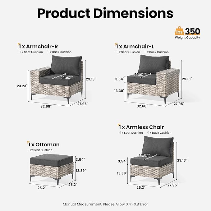 ovios 4-Piece Patio Furniture Set with L-Shape Sofa Chaise, Outdoor Sectional Couch Comfy Cushions, Modern Modular Wicker Rattan Conversation Set, Black