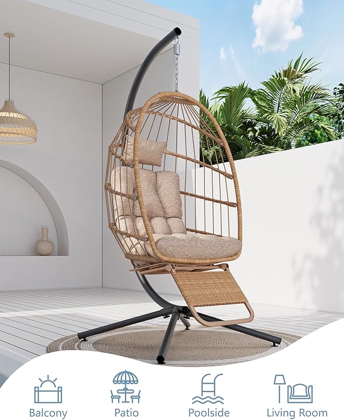 SWITTE Egg Chair Outdoor with Footrest & Stand, Indoor Wicker Hanging Egg Swing Chair with Cushion for Patio, Bedroom, Garden - Cream