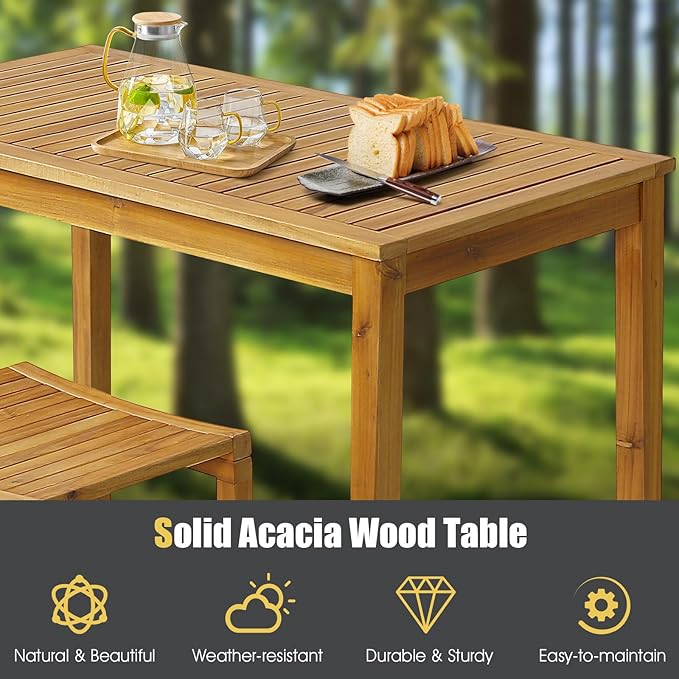 Tangkula Outdoor Acacia Wood Bar Table, 45” Rectangular Bar Height Farmhouse Rustic Dining Table with Slatted Tabletop, for Patio Porch Garden Deck, Teak Finish