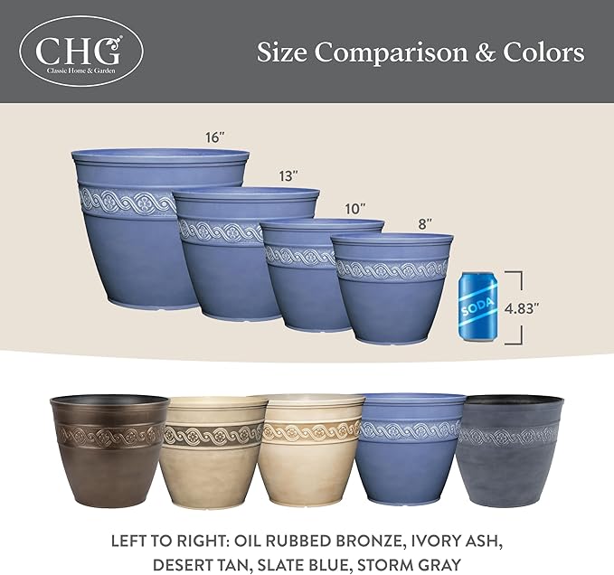 Classic Home and Garden Corinthian Resin Flower Pot Planter, Slate Blue, 8"