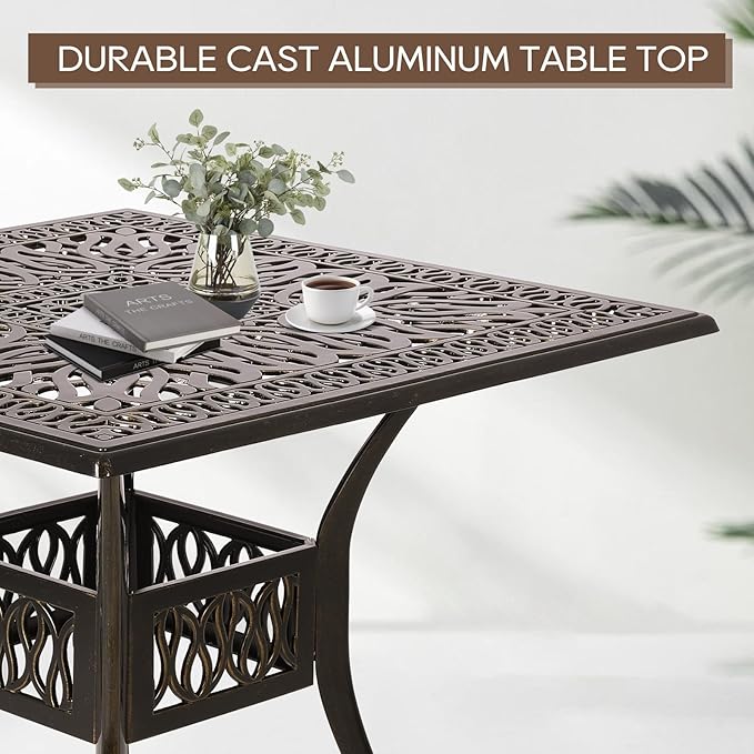 Patio Dining Table,Cast Aluminum Patio Table with Umbrella Hole, Outdoor Bistro Table for Backyard, Garden, Patio (35" Rectangle Dining Table)