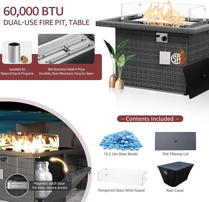 NICESOUL 11 Piece Outdoor Furniture with Fire Pit Propane/Gas, 29.3'' High Back Patio Sectional with Fire Pit & Chaise Lounge, 500 lbs Heavy Duty Large Deep Couches, 2 Color Cushion Burgundy & Gray