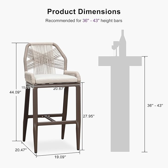 PURPLE LEAF Patio Bar Stool Bar Height Set of 4 Outdoor Rattan Chairs with Back Modern Aluminum Woven Barstools for Garden Indoor Kitchen Coffee