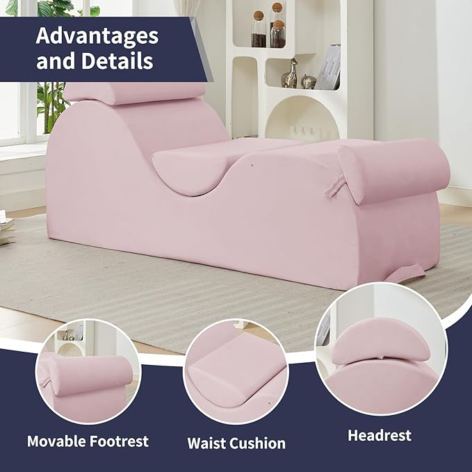 ijuicy Sleek Chaise Lounge Chair for Exercise, Indoor Lounger with Headrest, Waist Cushion, Movable Footrest, Side Pockets, Non-Slip Bottom, High Density Sponge, Pink