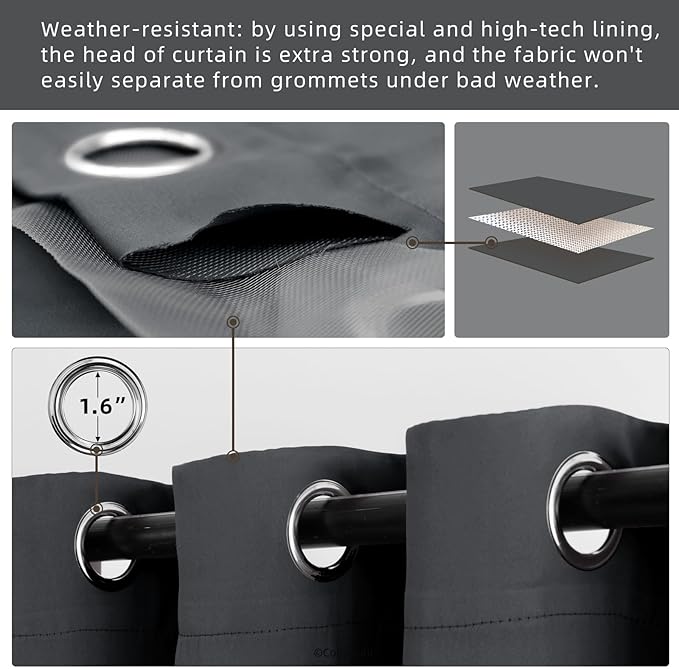 DIVA EN CAMINO DEC Outdoor Patio Curtain Waterproof Darkening Thermal Insulated Indoor Curtains for Bedroom, Porch, Living Room, Pergola, Cabana, W84 x L95, Dark Gray, Set of 2 Panels