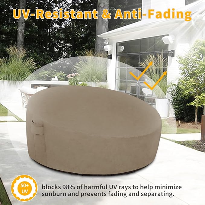 Easy-Going Heavy Duty 600D Outdoor Daybed Cover 88 Inch UV Resistant Patio Round Sofa Cover Waterproof Outdoor Canopy Daybed Sofa Cover with Air Vent 88" Dia x 35"/18" H, Camel