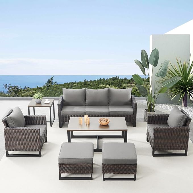 Belord 7 Piece Outdoor Furniture Patio Wicker Sofa Set, Oversize Outdoor Dining Chairs with Rattan Ottomans, Conversation Sets Patio Furniture Come with Removable Washable