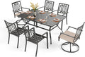 PHI VILLA 7 Pieces Outdoor Dining Set for 6, 60” Black Rectangular Metal Table with Umbrella Hole & Fixed Swivel Chairs Combo, Heavy-Duty Furniture for Patio, Deck, Backyard, Porch