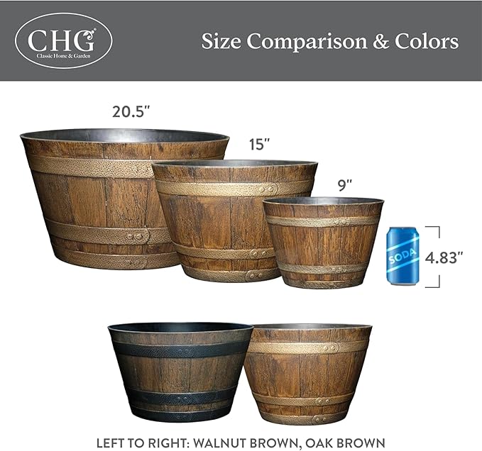 Classic Home and Garden Whiskey Plastic Resin Flower Pot Barrel Planter, Walnut Brown, 20.5" (Pack of 4)