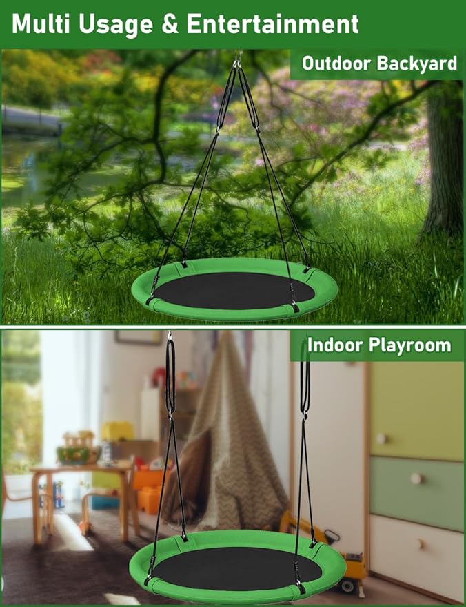 40 Inch Diameter Saucer Tree Swing Set for Kids & Adults, Adjustable Flying Swing Seat for Backyard or Outdoor Playground, Green & Black