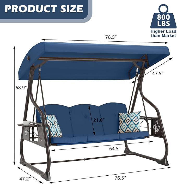 3-Seat Patio Porch Swing 800LBS Outdoor Swing with Stand w/Canopy & Adjustable Backrest Patio Glider Chair w/Removable Pillows & Foldable Side Tray for Balcony Garden Deck (Blue)