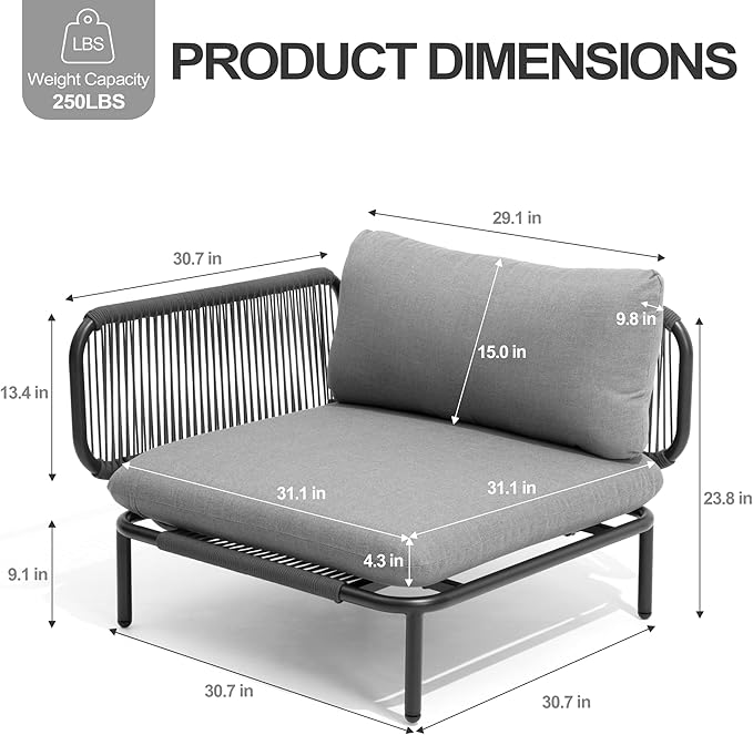 6-Piece Patio Furniture Set, 31" Oversized Outdoor Sectional Sofa with Olefin Woven Rope, Weather-Resistant Metal Frame Conversation Set for Backyard, Garden, Poolside - Dark Grey
