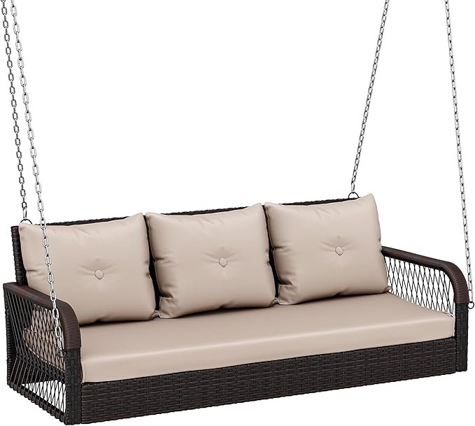 YITAHOME 3-Seats Front Porch Swing with Cushion Hanging Wicker Swing Rattan Patio Swing Lounge Swing Chair Hammock for Garden, Balcony, Deck