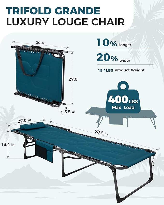 KingCamp Oversized Tanning Chair, Extra-Wide Padded Folding Chase Lounge Chairs Portable Adjustable 5-Position 400lbs Heavy Duty Lounger with Double-Layer Oxford for Outdoor Beach Patio Sun Pool