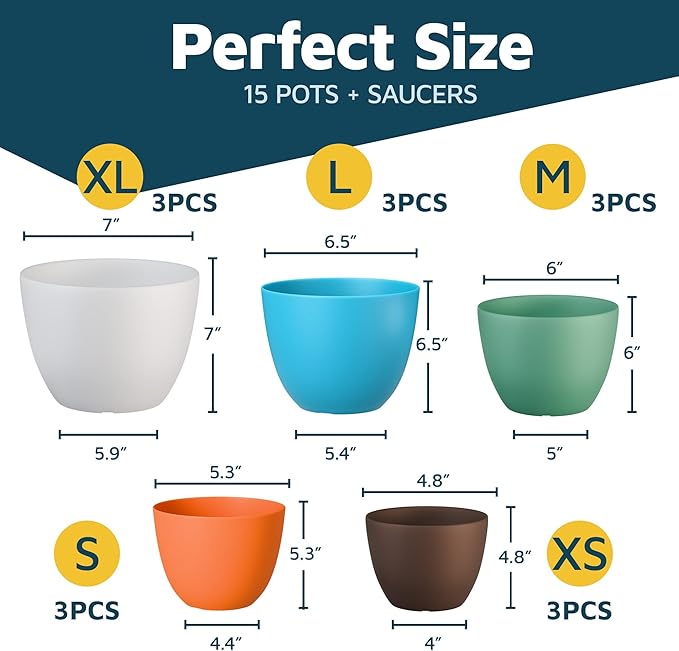 Multicolor Plant Pots with Drainage Holes & Saucers 15 Pack, Indoor & Outdoor Stackable Space-Saving Planters for Houseplants & Flowers, (7", 6.7", 6", 5.3", and 4.8" Inches), Durable & Weatherproof