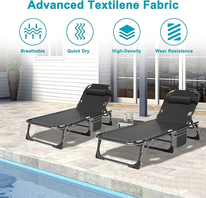 ABORON 2PK Heavy Duty Tanning Chair, 5-Gear Outdoor Folding Chaise Lounge Chair with Cushion, Portable Beach Lounge Chair for Outdoor Sunbathing, Patio, Pool, Lawn, Deck, Poolside