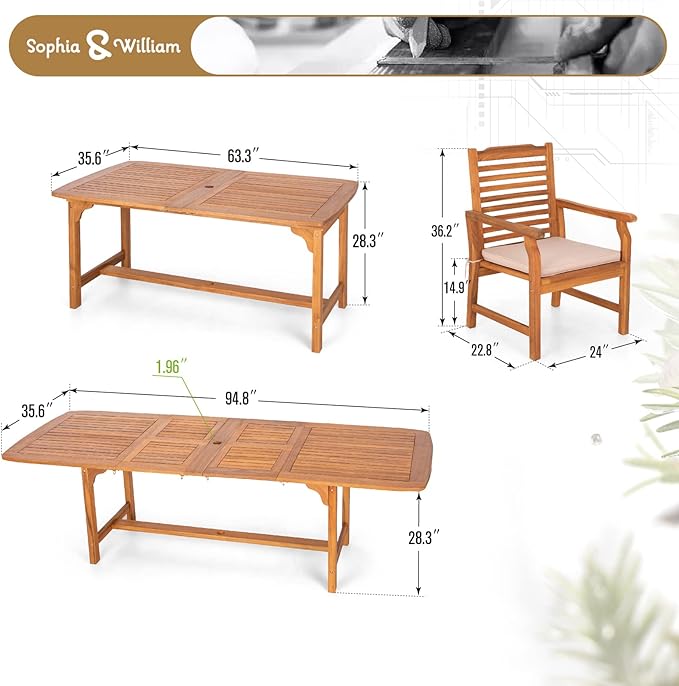 Sophia & William Patio Outdoor Table and Chairs Set, Patio Dining Sets for 6-8, 7 Pieces Patio Table Set for Backyard Deck Porch Outside, Acacia Wood Table Expandable with 1.97" Hole