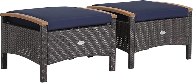Tangkula 2 Piece Patio Rattan Ottomans, Outdoor Wicker Footstool w/Acacia Wood Handles, Soft Zippered Cushions, 3-in-1 Function Footstool Seat & Side Table for Backyard, Balcony, Poolside (Navy)