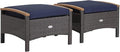 Tangkula 2 Piece Patio Rattan Ottomans, Outdoor Wicker Footstool w/Acacia Wood Handles, Soft Zippered Cushions, 3-in-1 Function Footstool Seat & Side Table for Backyard, Balcony, Poolside (Navy)