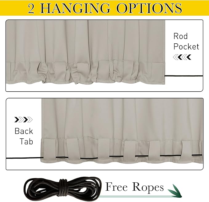 NICETOWN 2 Panels Outdoor Curtains for Patio Waterproof & Windproof, Thermal Insulated Top & Bottom Grommet & Back Tab Sun Blocking Outdoor Drapes with Fixed Rope for Gazebo, Natural, W66 x L90