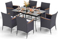 PHI VILLA 7 Piece Outdoor Dining Set for 6, 60” Rectangular Metal Steel Dining Table with Umbrella Hole & Rattan Wicker Chairs with Blue Cushions for Patio, Deck, Yard, Porch
