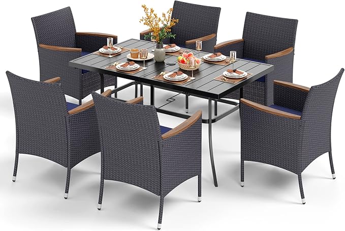 PHI VILLA 7 Piece Outdoor Dining Set for 6, 60” Rectangular Metal Steel Dining Table with Umbrella Hole & Rattan Wicker Chairs with Blue Cushions for Patio, Deck, Yard, Porch