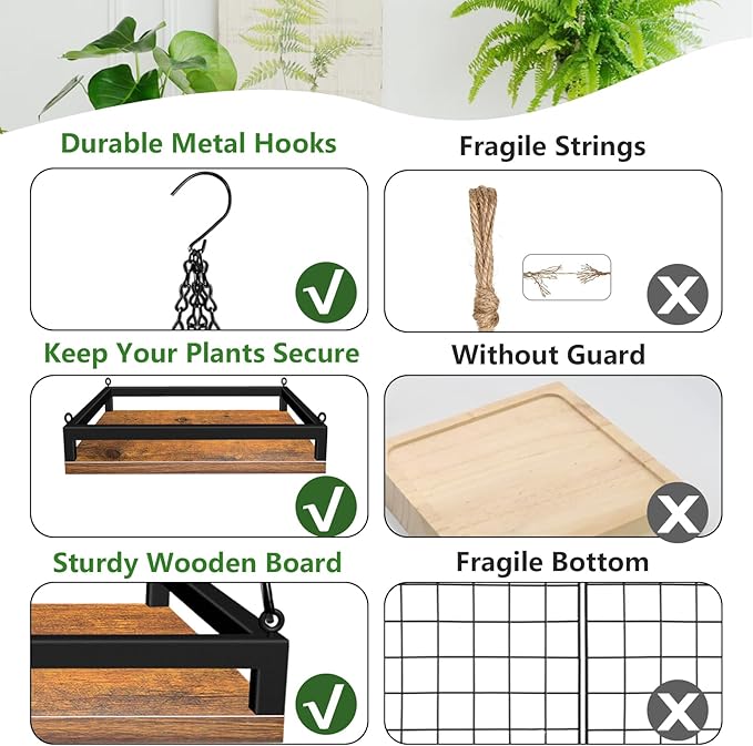 Plant Hanger Indoor, 11.8" Wooden Hanging Plant Holder with Metal Frame Hanging Planter for Indoor Plants Load 50LB Hanging Plant Shelf with 27.6" Long Chain, Ideal for Heavier Pots Window Ceiling