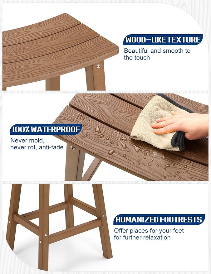 Weatherproof Bar Stools Set of 4, 28" Height Outdoor Bar Stools Holds up to 400 lbs, Saddle Seat, Bar Height Stools for Patio, Garden, and Kitchen Island, Teak