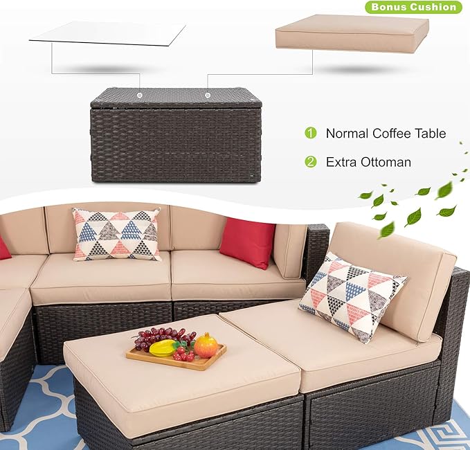 Vongrasig 6 Pieces Outdoor Patio Furniture Set, PE Wicker Rattan Sectional Sofa Small Patio Conversation Sets with Coffee Table for Garden, Backyard, Poolside (Beige)