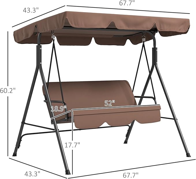 Outsunny 3-Seat Outdoor Patio Swing Chair with Removable Cushion, Steel Frame Stand and Adjustable Tilt Canopy for Patio, Garden, Poolside, Balcony, Backyard, Brown