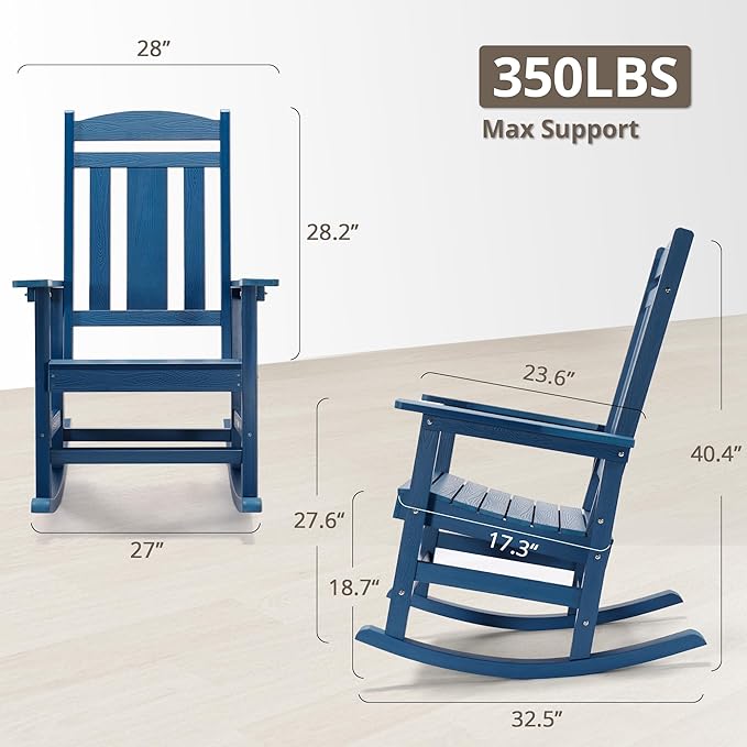 LUE BONA Outdoor Rocking Chairs Set, 3-Piece, HDPS Poly Porch Rockers with Table, Plastic Weather Resistant Rocking Chair Set for Outdoor Indoor, Garden, Backyard, 350lb, Navy Blue Chairs+Table