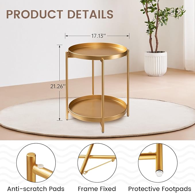 danpinera 2-Tier End Table, Outdoor Side Table, Metal Round Desk with Removable Tray, Small Folding Accent Desk, Anti-Rust Nightstand for Bedroom Balcony Patio Living Room, Set of 2 (Gold)