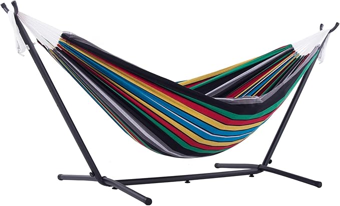 Vivere Double Cotton Hammock with Space Saving Steel Stand, Upgraded Polyester End Strings 450 lb Capacity - Premium Carry Bag Included - (Rio Night)