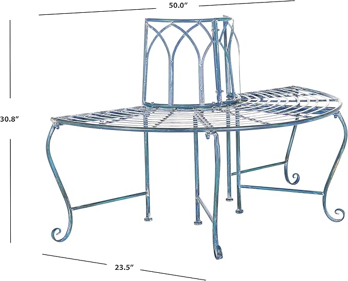 SAFAVIEH Outdoor Furniture Collection – Abia Antique Blue Distressed Wrought Iron 50-Inch Curved Tree Bench, Garden & Patio Seating (PAT5018C)