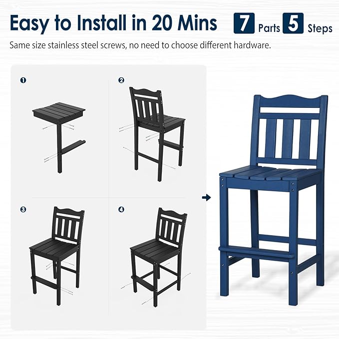 nalone Outdoor Bar Chairs and Table Set, HDPE Balcony Adirondack Chairs and Tables 3 Pieces Set, Outdoor Bar Stools for Garden, Yard, Backyard(Navy Blue, Bar Chairs with Table)
