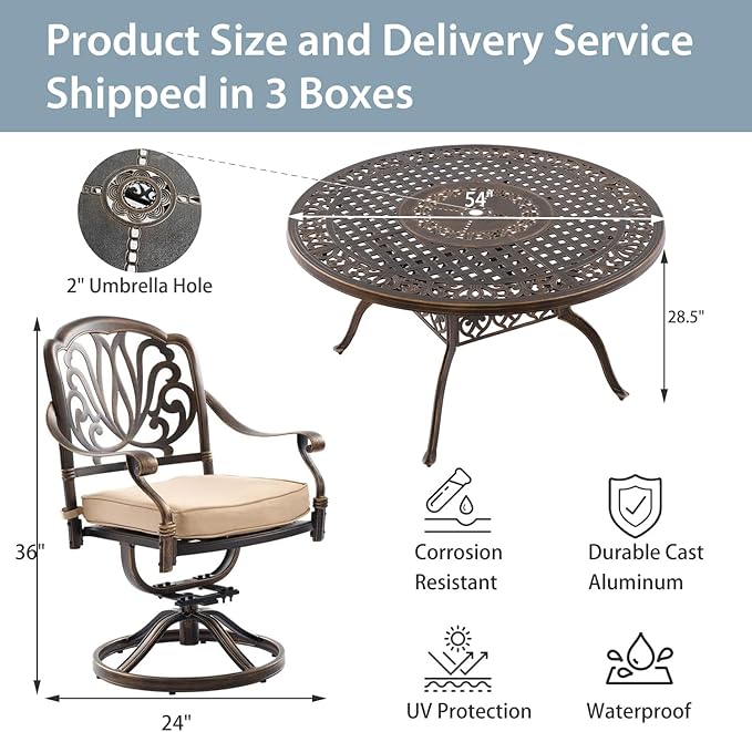 5-Piece Cast Aluminum Patio Furniture, Patio Dining Set for 4 Include 54" Round Outdoor Dining Table and 4 Swivel Chairs with Cushions & Umbrella Hole (Bronze)