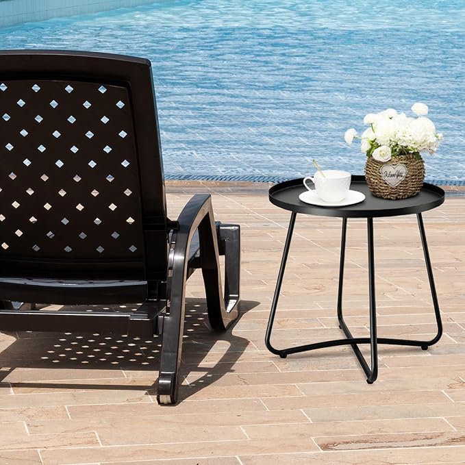 danpinera Outdoor Side Tables, Weather Resistant Steel Patio Side Table, Small Round Outdoor End Table Metal Side Table for Patio Yard Balcony Garden Bedside Black, Set of 2