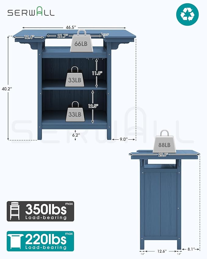 SERWALL Outdoor Bar Table,Patio Bar Cabinet with 4-Tier Storage and Spacious Tabletop for Outside,Poolside, Backyard,Made of HDPE,Blue
