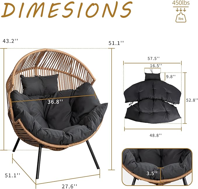 Shintenchi Wicker Egg Chair,Outdoor Indoor Rocking Chair,Large PE Rattan Rocking Chair with Cushion for Patio, Balcony, Backyard, Garden,Deep Grey