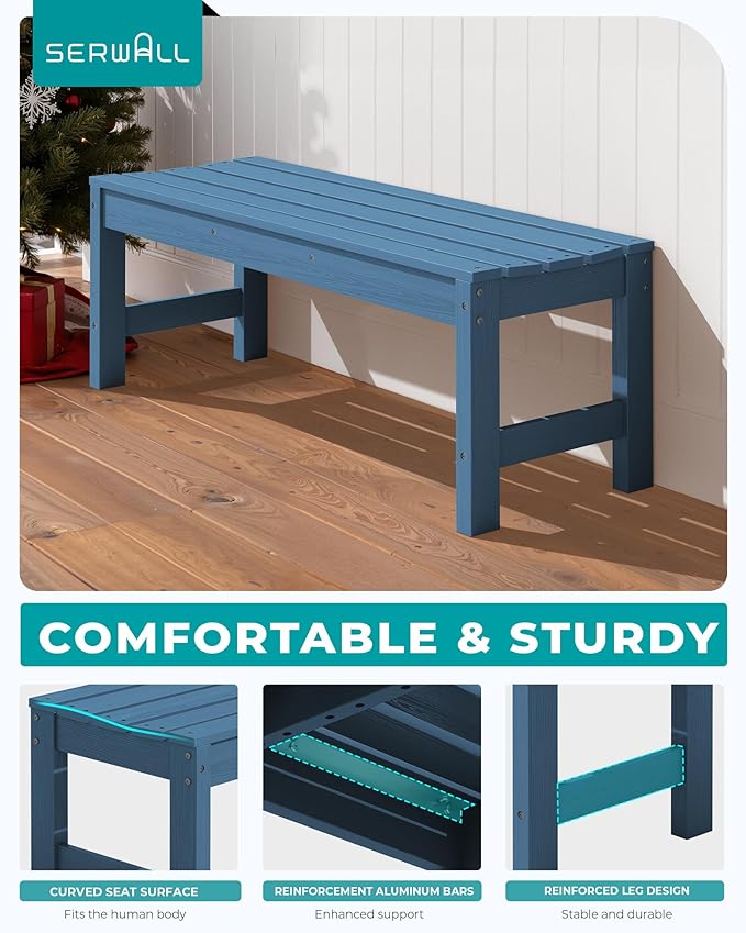 SERWALL 47 Inches Outdoor Bench Set of 2, All Weather HDPE Backless Bench with Wood Grain Texture for Garden Porch and Park, Curved Bench Seat for Comfort, Blue