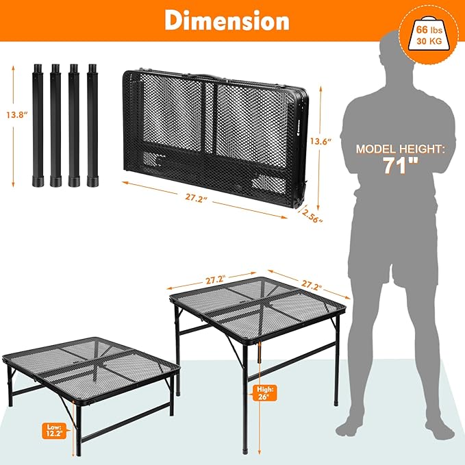 Square Folding Card Table with Adjustable Height (12" & 26"), Black Portable Metal Mesh Table for Camping, BBQ, Picnic, Game, Patio & Indoor Use, Fits 2–4 People, Lightweight 7.6 lb, Supports 66 lb