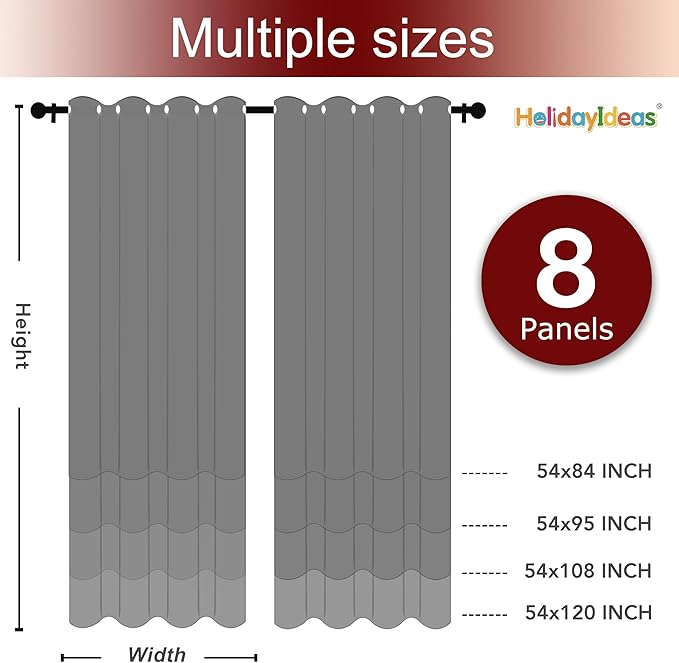 HolidayIdeas Grommet Top Outdoor Curtains for Patio Waterproof 8 Pcs All Weather Balcony Outside Curtain Panels for Apartments, Gazebo, Pergolas, Porch, 54x85 Inch, Grey